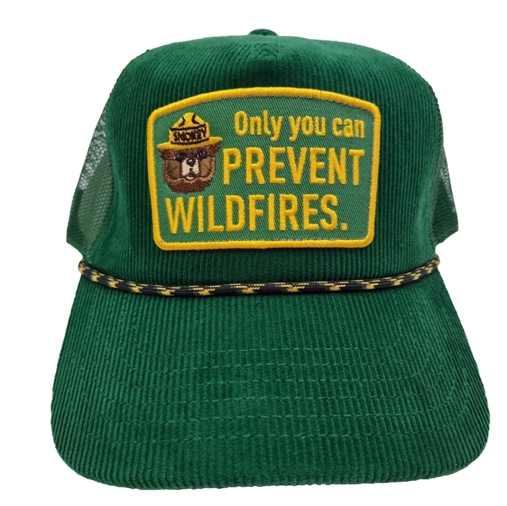Smokey Bear Trucker Cap Hat Mesh Snapback Green Corduroy